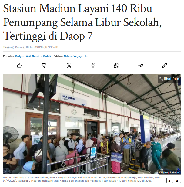 Stasiun Madiun Layani 140 Ribu Penumpang Selama Libur Sekolah, Tertinggi di Daop 7