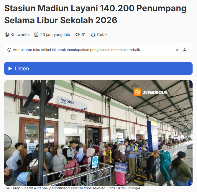 Stasiun Madiun Layani 140.200 Penumpang Selama Libur Sekolah 2026