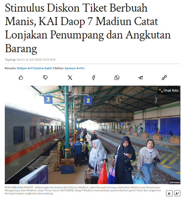 Stimulus Diskon Tiket Berbuah Manis, KAI Daop 7 Madiun Catat Lonjakan Penumpang dan Angkutan Barang