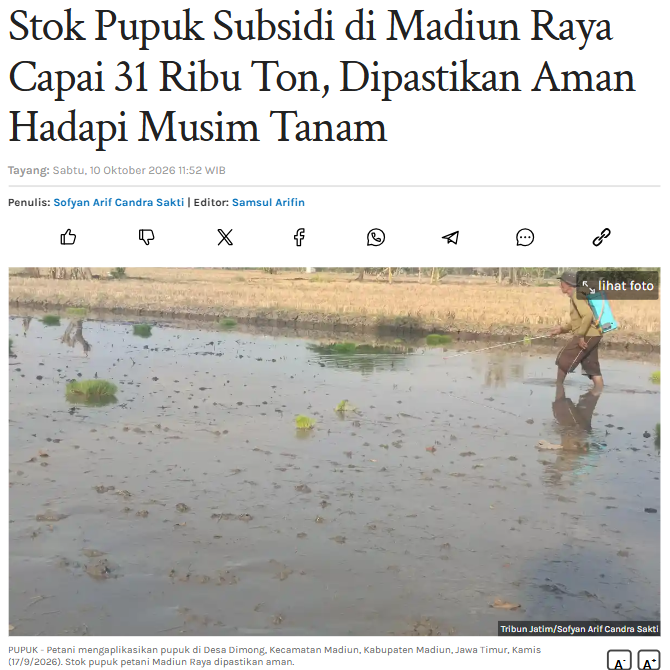 Stok Pupuk Subsidi di Madiun Raya Capai 31 Ribu Ton, Dipastikan Aman Hadapi Musim Tanam