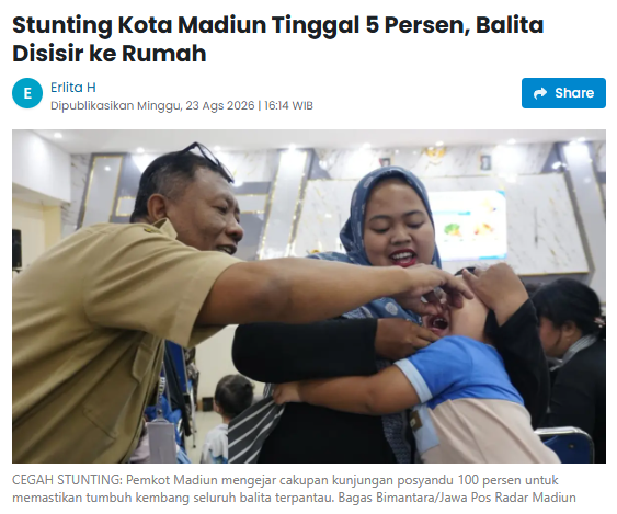 Stunting Kota Madiun Tinggal 5 Persen, Balita Disisir ke Rumah