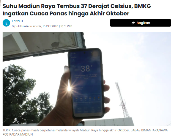 Suhu Madiun Raya Tembus 37 Derajat Celsius, BMKG Ingatkan Cuaca Panas hingga Akhir Oktober