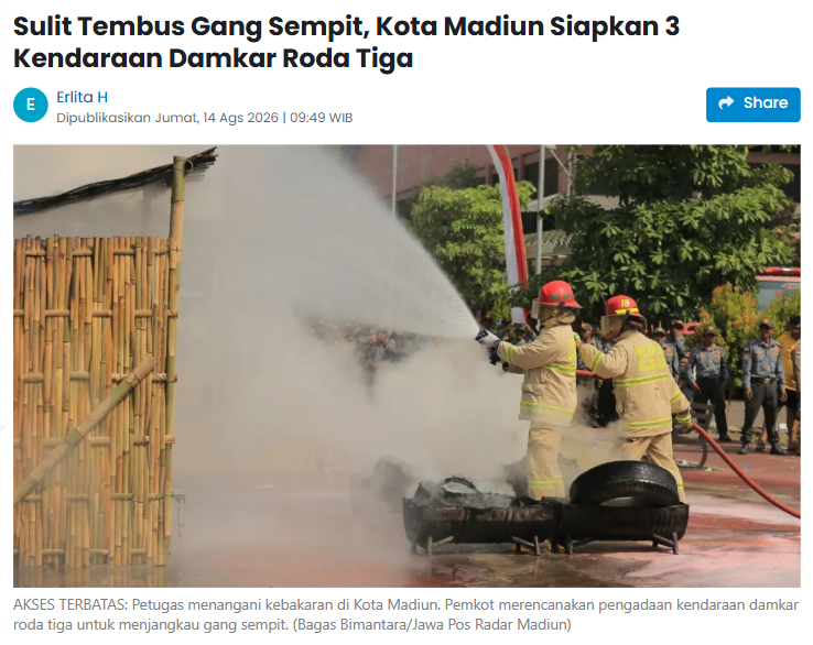 Sulit Tembus Gang Sempit, Kota Madiun Siapkan 3 Kendaraan Damkar Roda Tiga