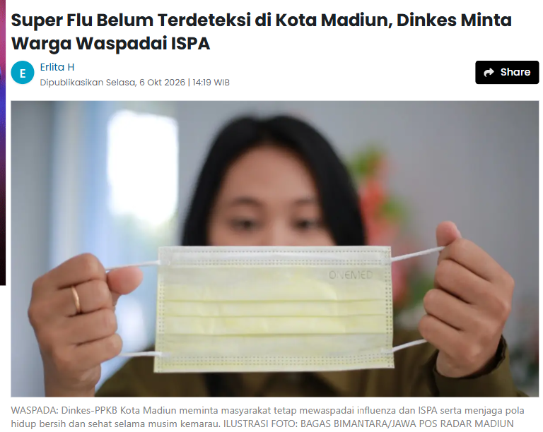 Super Flu Belum Terdeteksi di Kota Madiun, Dinkes Minta Warga Waspadai ISPA