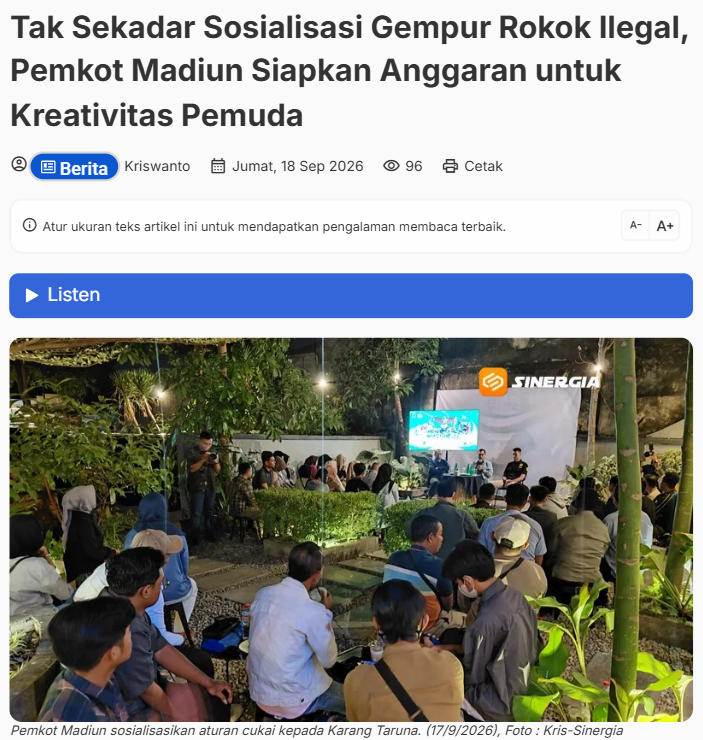 Tak Sekadar Sosialisasi Gempur Rokok Ilegal, Pemkot Madiun Siapkan Anggaran untuk Kreativitas Pemuda