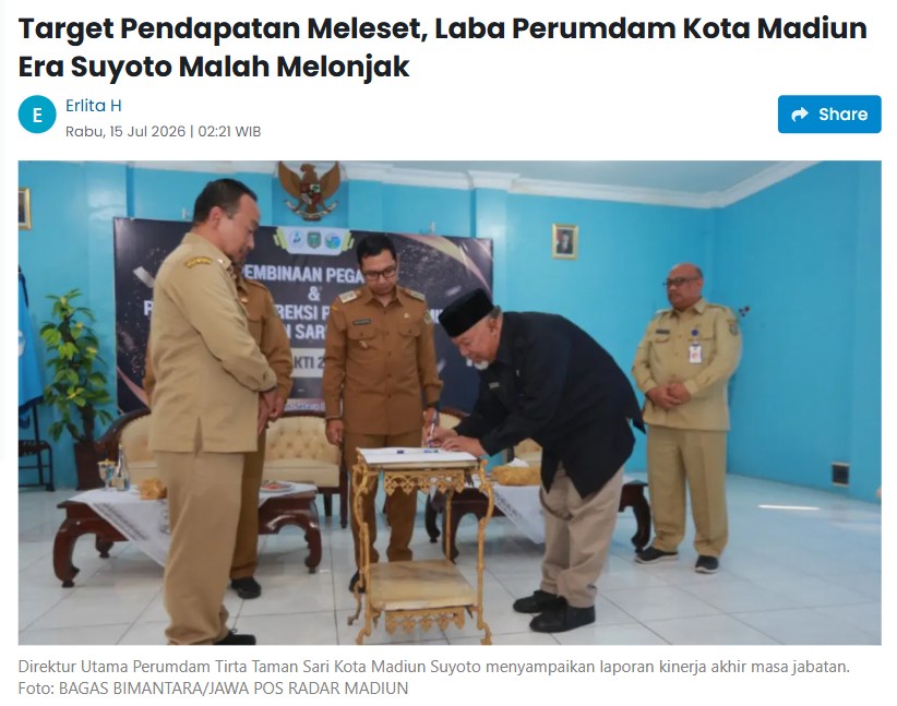 Target Pendapatan Meleset, Laba Perumdam Kota Madiun Era Suyoto Malah Melonjak