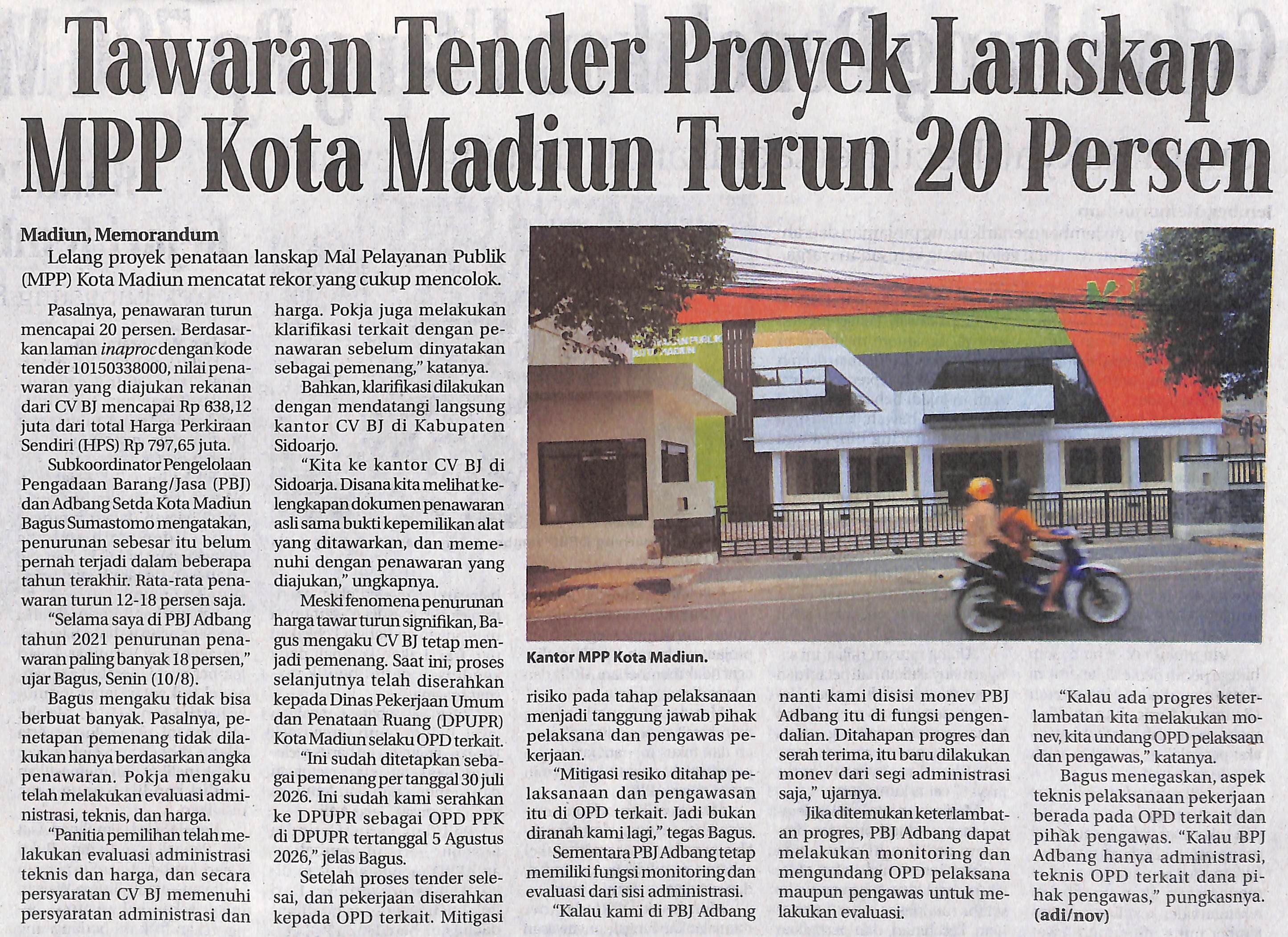 Tawaran Tender Proyek Lanskap MPP Kota Madiun Turun 20 Persen