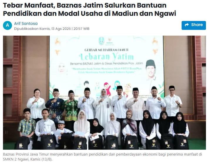 Tebar Manfaat, Baznas Jatim Salurkan Bantuan Pendidikan dan Modal Usaha di Madiun dan Ngawi