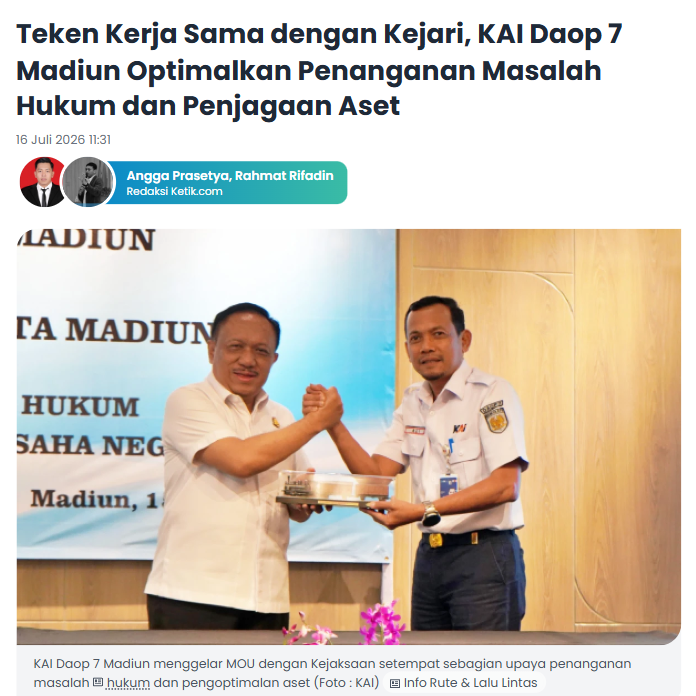 Teken Kerja Sama dengan Kejari, KAI Daop 7 Madiun Optimalkan Penanganan Masalah Hukum dan Penjagaan Aset