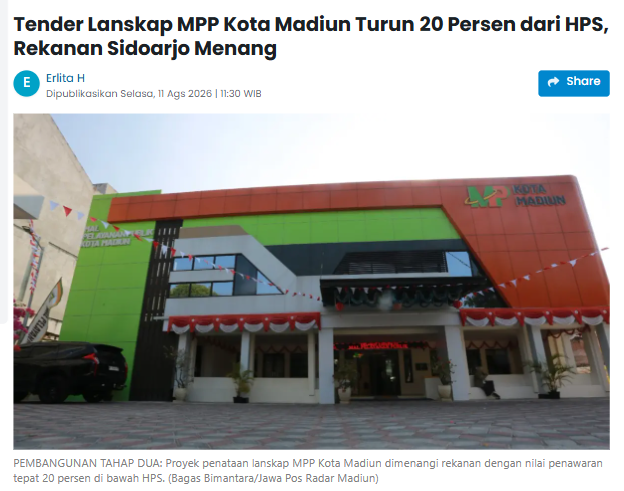 Tender Lanskap MPP Kota Madiun Turun 20 Persen dari HPS, Rekanan Sidoarjo Menang