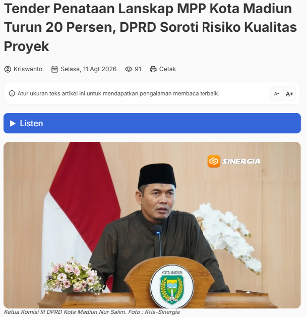 Tender Penataan Lanskap MPP Kota Madiun Turun 20 Persen, DPRD Soroti Risiko Kualitas Proyek