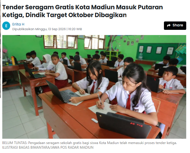 Tender Seragam Gratis Kota Madiun Masuk Putaran Ketiga, Dindik Target Oktober Dibagikan