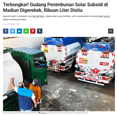 Terbongkar! Gudang Penimbunan Solar Subsidi di Madiun Digerebek, Ribuan Liter Disita