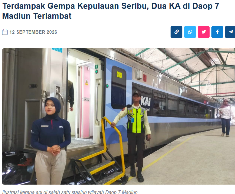 Terdampak Gempa Kepulauan Seribu, Dua KA di Daop 7 Madiun Terlambat