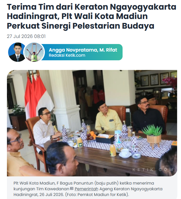 Terima Tim dari Keraton Ngayogyakarta Hadiningrat, Plt Wali Kota Madiun Perkuat Sinergi Pelestarian Budaya
