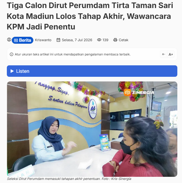 Tiga Calon Dirut Perumdam Tirta Taman Sari Kota Madiun Lolos Tahap Akhir, Wawancara KPM Jadi Penentu