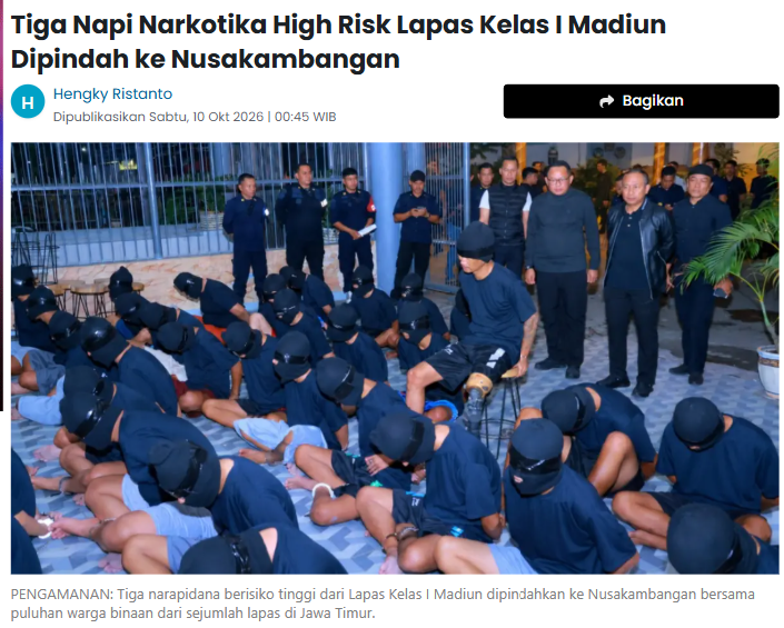 Tiga Napi Narkotika High Risk Lapas Kelas I Madiun Dipindah ke Nusakambangan