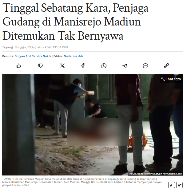 Tinggal Sebatang Kara, Penjaga Gudang di Manisrejo Madiun Ditemukan Tak Bernyawa