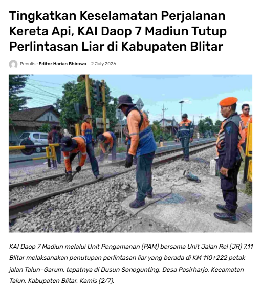 Tingkatkan Keselamatan Perjalanan Kereta Api, KAI Daop 7 Madiun Tutup Perlintasan Liar di Kabupaten Blitar