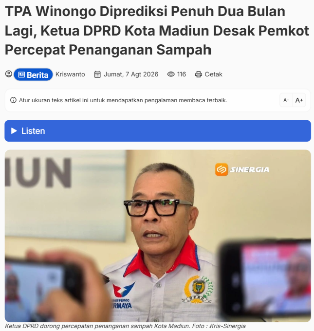 TPA Winongo Diprediksi Penuh Dua Bulan Lagi, Ketua DPRD Kota Madiun Desak Pemkot Percepat Penanganan Sampah
