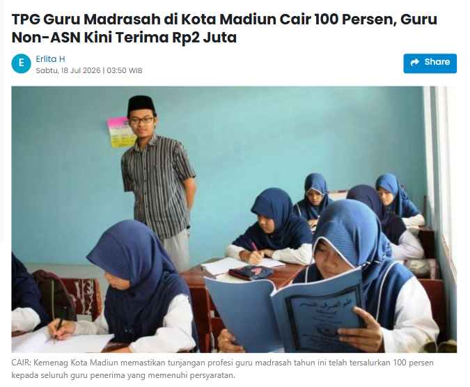 TPG Guru Madrasah di Kota Madiun Cair 100 Persen, Guru Non-ASN Kini Terima Rp2 Juta