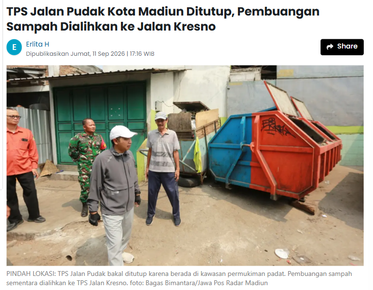 TPS Jalan Pudak Kota Madiun Ditutup, Pembuangan Sampah Dialihkan ke Jalan Kresno