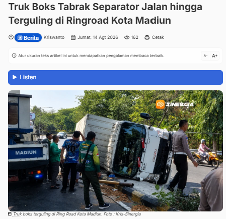 Truk Boks Tabrak Separator Jalan hingga Terguling di Ringroad Kota Madiun