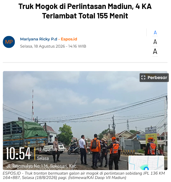 Truk Mogok di Perlintasan Madiun, 4 KA Terlambat Total 155 Menit
