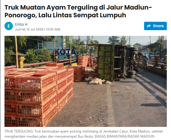 Truk Muatan Ayam Terguling di Jalur Madiun-Ponorogo, Lalu Lintas Sempat Lumpuh