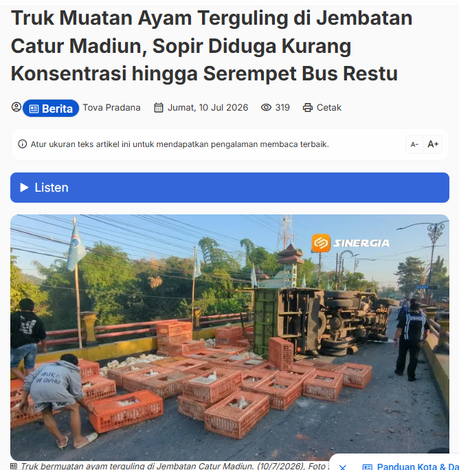 Truk Muatan Ayam Terguling di Jembatan Catur Madiun, Sopir Diduga Kurang Konsentrasi hingga Serempet Bus Restu