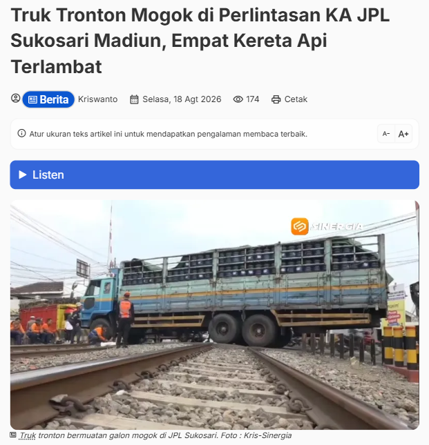 Truk Tronton Mogok di Perlintasan KA JPL Sukosari Madiun, Empat Kereta Api Terlambat