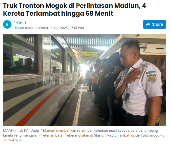 Truk Tronton Mogok di Perlintasan Madiun, 4 Kereta Terlambat hingga 68 Menit
