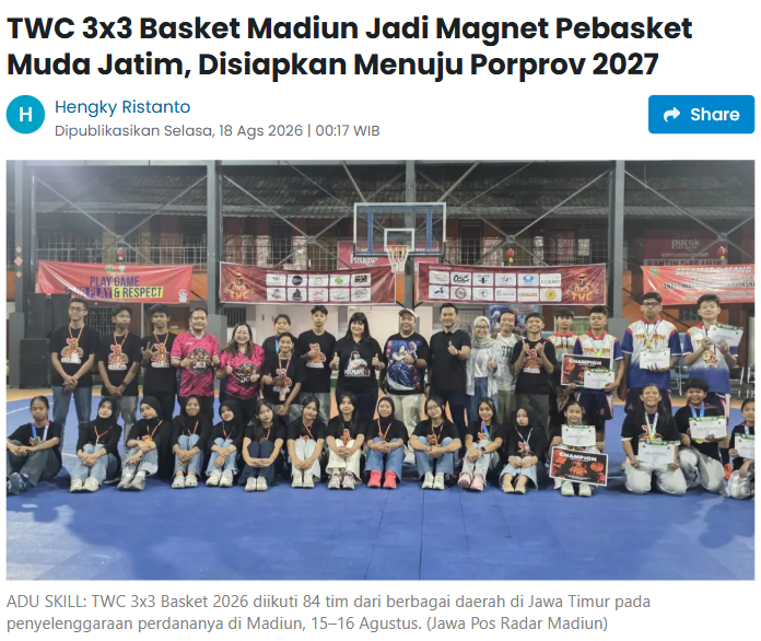 TWC 3x3 Basket Madiun Jadi Magnet Pebasket Muda Jatim, Disiapkan Menuju Porprov 2027