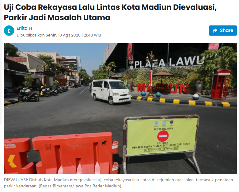 Uji Coba Rekayasa Lalu Lintas Kota Madiun Dievaluasi, Parkir Jadi Masalah Utama
