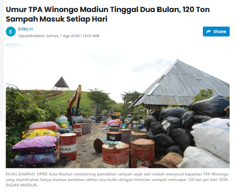 Umur TPA Winongo Madiun Tinggal Dua Bulan, 120 Ton Sampah Masuk Setiap Hari