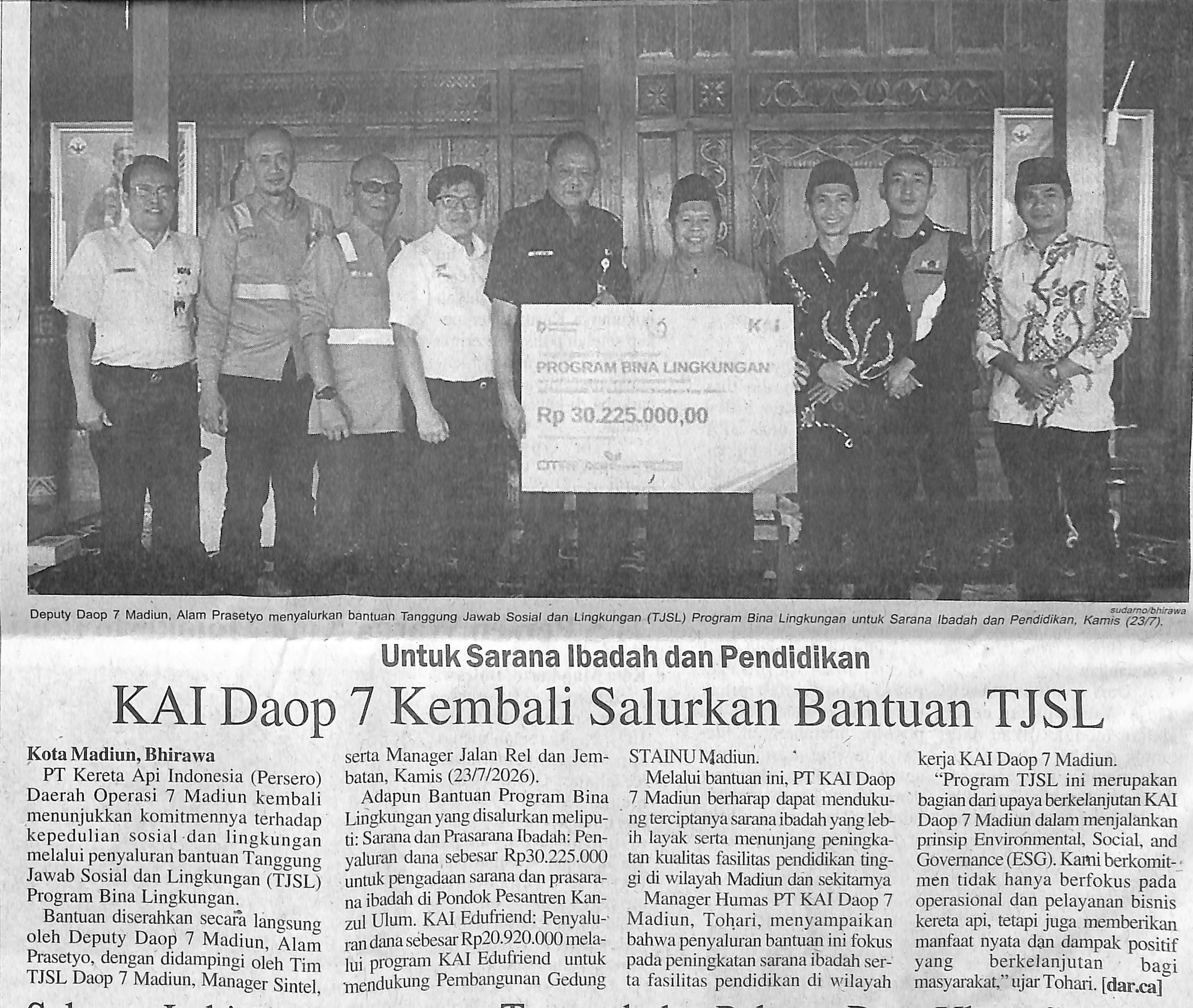 Untuk Sarana Ibadah dan PendidikanKAI Daop 7 Kembali Salurkan Bantuan TJSL
