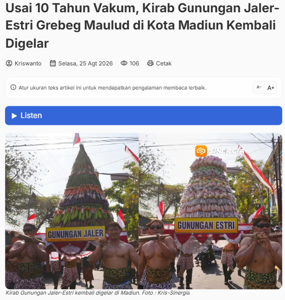 Usai 10 Tahun Vakum, Kirab Gunungan Jaler-Estri Grebeg Maulud di Kota Madiun Kembali Digelar