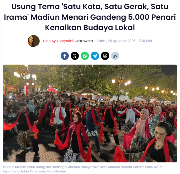 Usung Tema 'Satu Kota, Satu Gerak, Satu Irama' Madiun Menari Gandeng 5.000 Penari Kenalkan Budaya Lokal
