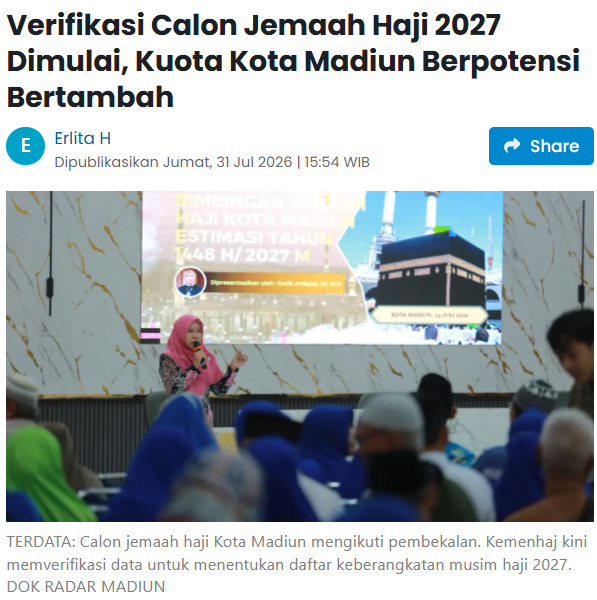 Verifikasi Calon Jemaah Haji 2027 Dimulai, Kuota Kota Madiun Berpotensi Bertambah