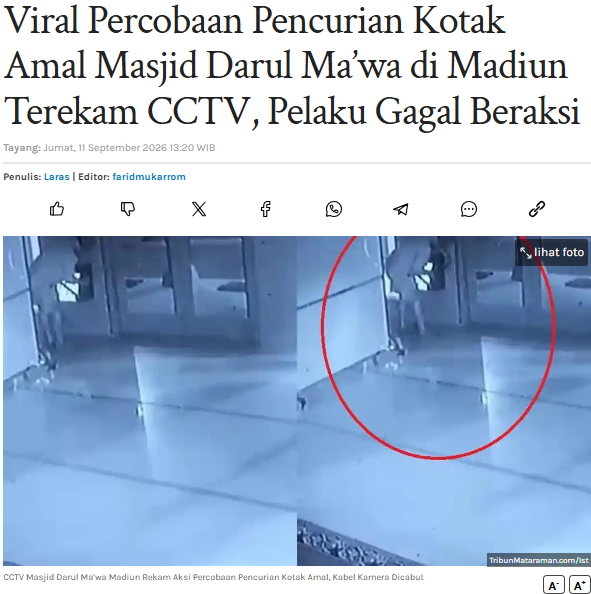 Viral Percobaan Pencurian Kotak Amal Masjid Darul Ma’wa di Madiun Terekam CCTV, Pelaku Gagal Beraksi