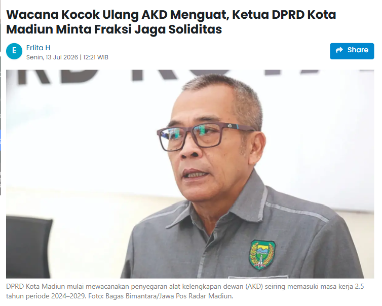 Wacana Kocok Ulang AKD Menguat, Ketua DPRD Kota Madiun Minta Fraksi Jaga Soliditas