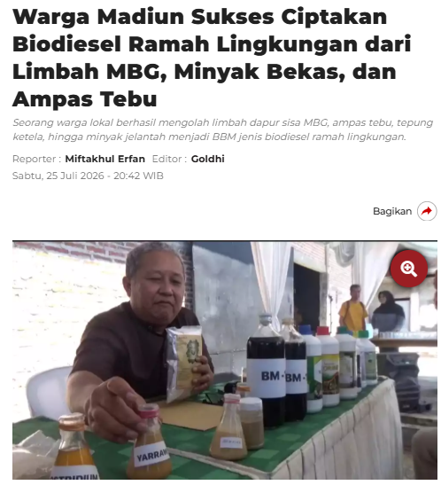 Warga Madiun Sukses Ciptakan Biodiesel Ramah Lingkungan dari Limbah MBG, Minyak Bekas, dan Ampas Tebu