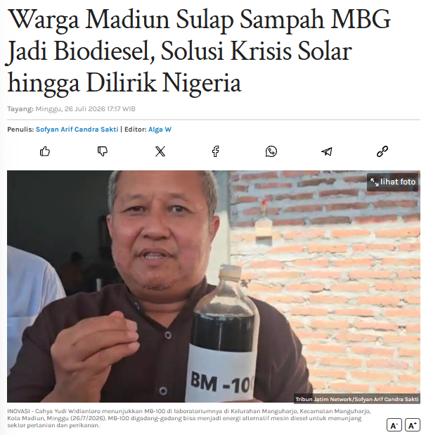 Warga Madiun Sulap Sampah MBG Jadi Biodiesel, Solusi Krisis Solar hingga Dilirik Nigeria