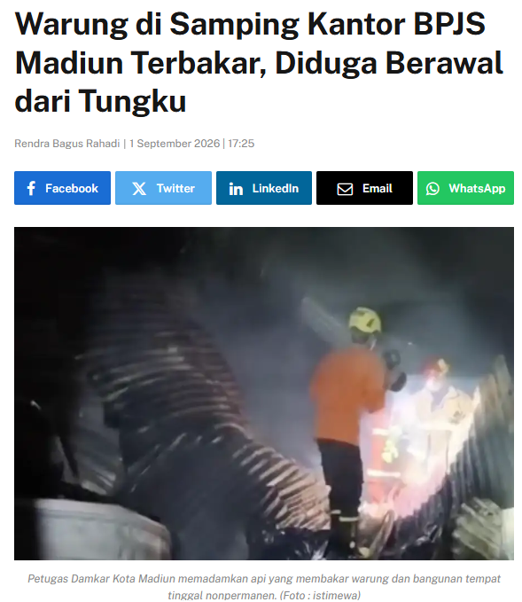 Warung di Samping Kantor BPJS Madiun Terbakar, Diduga Berawal dari Tungku