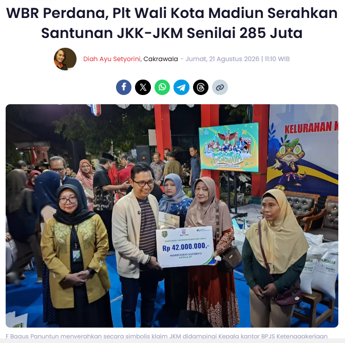 WBR Perdana, Plt Wali Kota Madiun Serahkan Santunan JKK-JKM Senilai 285 Juta