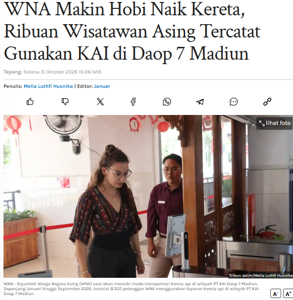 WNA Makin Hobi Naik Kereta, Ribuan Wisatawan Asing Tercatat Gunakan KAI di Daop 7 Madiun